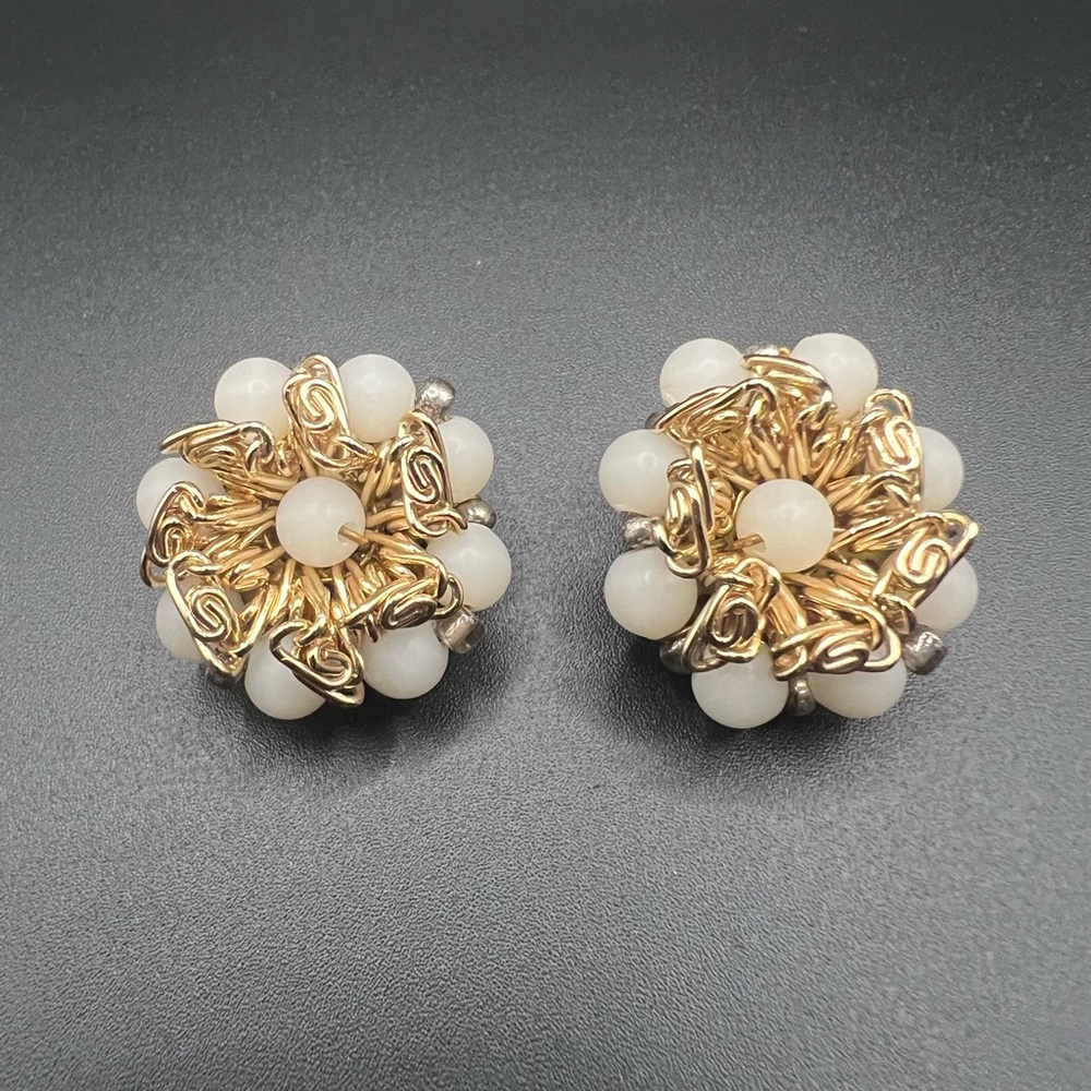 Vintage Clip-on White and Gold Tone Bead Cluster Earrings Made in West Germany